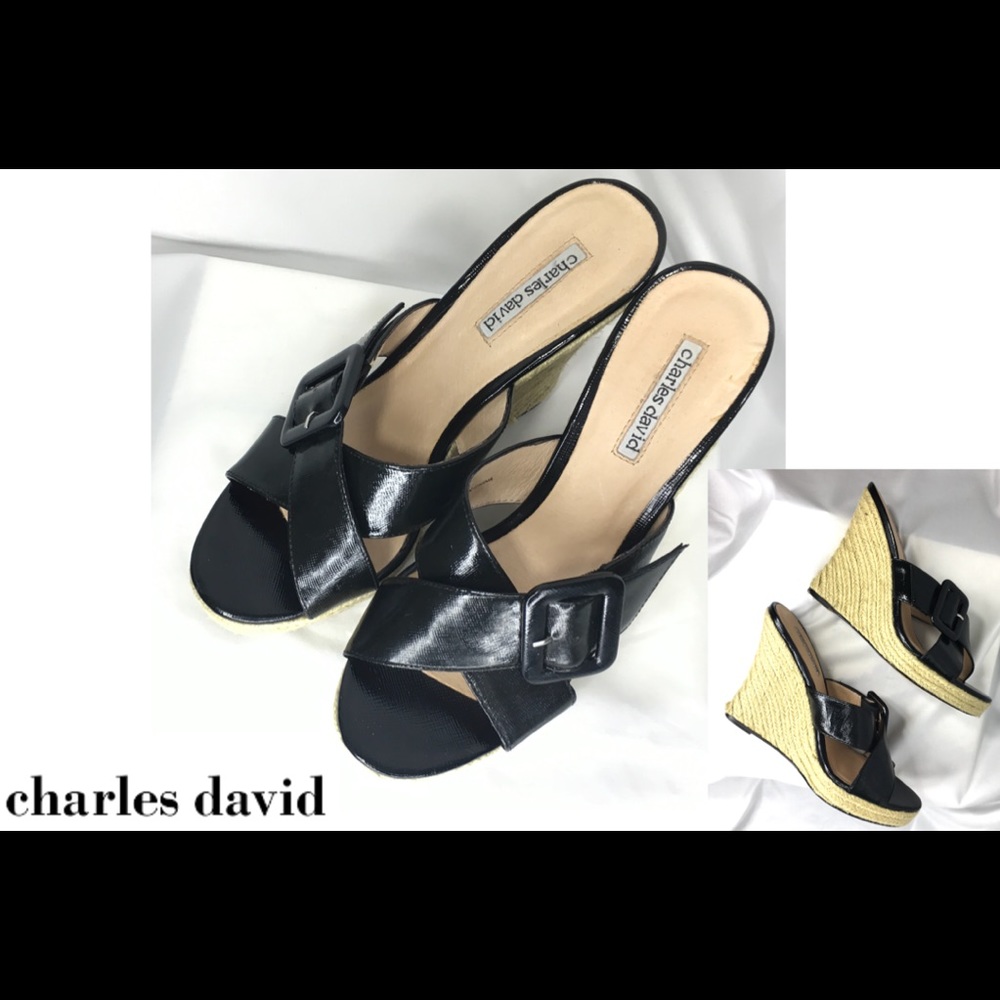 Charles David Black Espadrilles Wedge Sandals